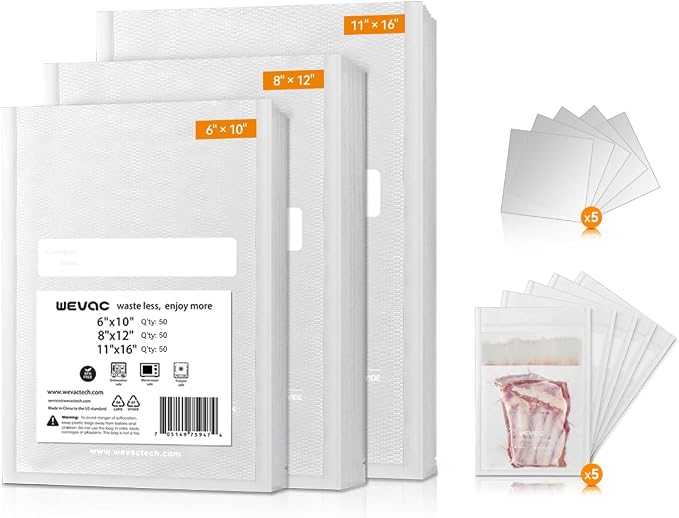 Wevac Vacuum Sealer Bags, 150 Gallon 11" x 16", and Quart 8" x 12" and Pint 6" by Wevac