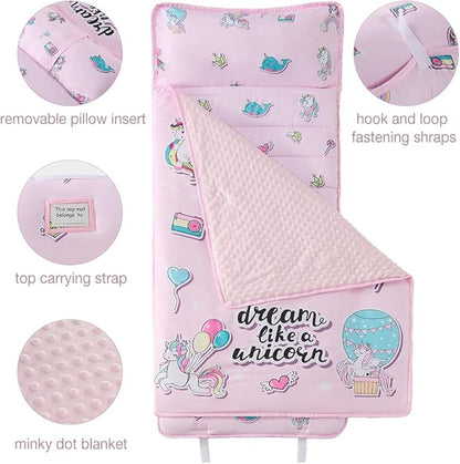 beeweed Toddler Nap Mat, Rollup Design Kid Sleeping Mat with Removable Pillow & Minky Blanket, Toddler Sleeping Bag for Daycare Preschool Travel Camping