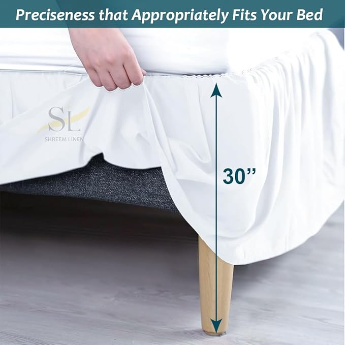 Shreem Linen Ruffled Bed Skirt with Split Corners, Gathered Style, 100% Microfiber, 30-Inch Drop, Dust Ruffle Bedskirt with Platform, Twin, White