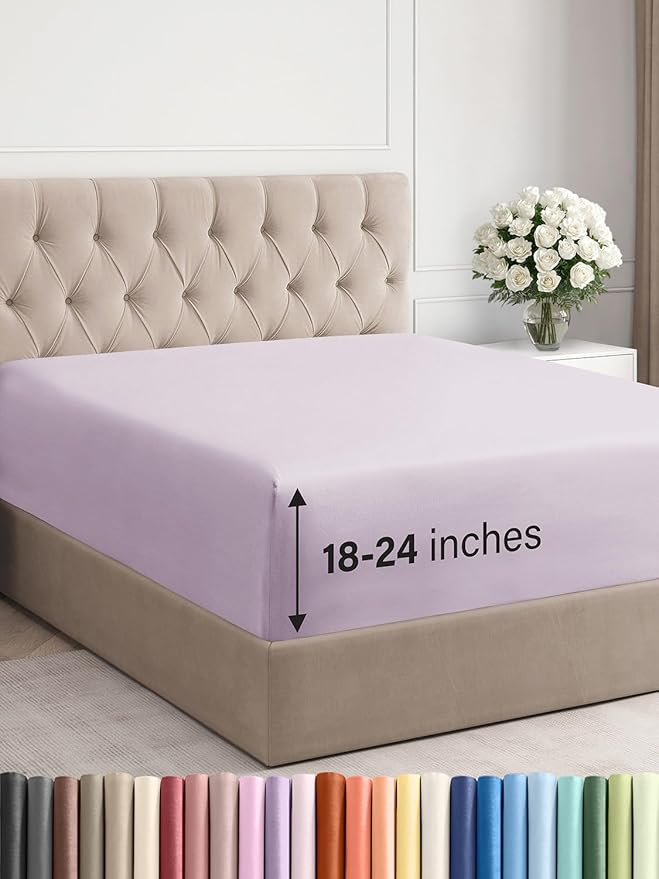 Extra Deep Full Fitted Sheet - Hotel Luxury Single Fitted Sheet Only - Easily Fits 18 inch to 24 inch Mattress - Ultra Soft, Wrinkle Free with Extra Deep Pockets - Breathable & Comfy - Light Lavender