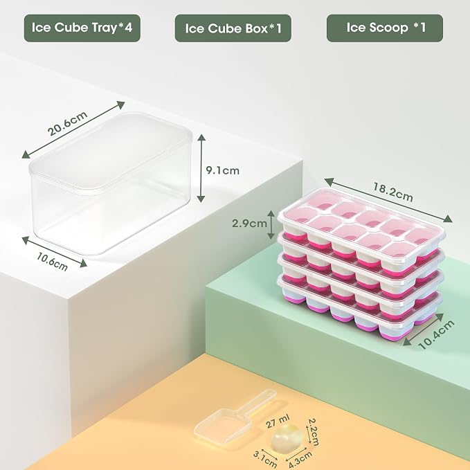 DOQAUS Ice Cube Tray with Lid and Bin, 4 Pack Silicone Plastic Ice Cubes Trays - Image 7