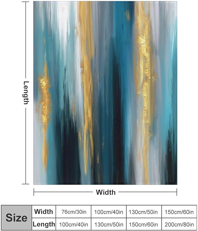 Fashion Gradient Blanket, Modern Abstract Art Gold Lake Blue Painting Strokes Pattern Soft Warm Cozy Plush Flannel Covers for Livingroom Bedroom Couch Chair Camping Travel Home Decor Tapestry 40x50in