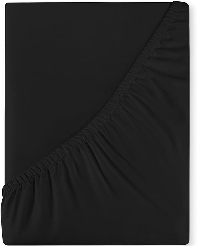 Royale Linens 400 Thread Count 100% American Grown Cotton Fitted Sheet Queen Size - All Around Elastic Fitted Sheet - Luxury Sateen Weave - Snug Fit Bottom Sheets Fit Up to 16" (Queen,Night Black)