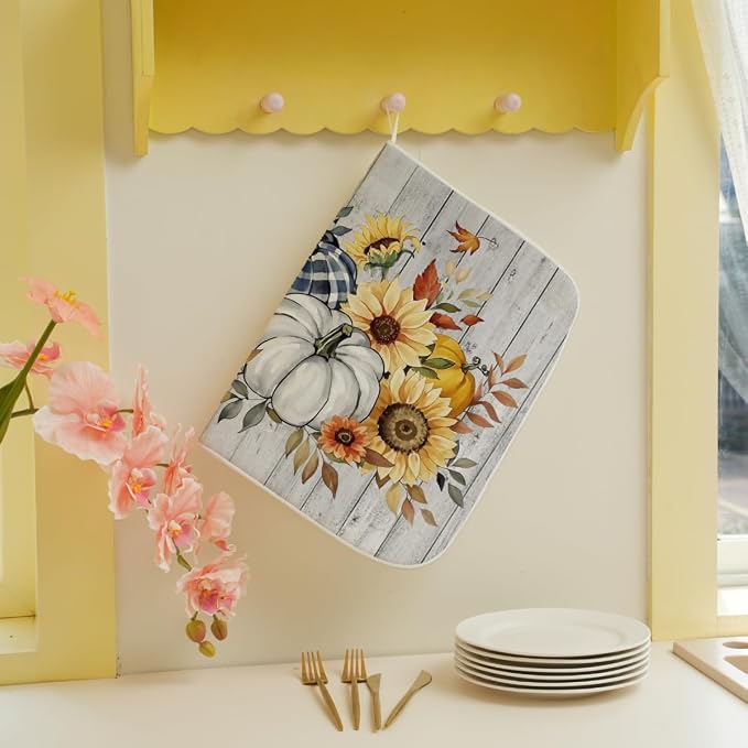 Fall Dish Drying Mat 18 x 24 Inch Thanksgiving Sunflower Pumpkin Drying Mat - Image 5