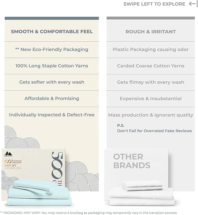 Mayfair Linen 100% Cotton Bed Sheets Queen Set - 500 Thread Count Cotton Sheets for Queen Size Bed, 4 PC Set (Aqua Foam), Ultra Soft, Cooling, Sateen Weave 16" Deep Pocket Bedsheet for Hot Sleepers