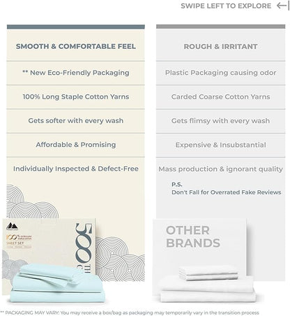 Mayfair Linen 100% Cotton Bed Sheets Queen Set - 500 Thread Count Cotton Sheets for Queen Size Bed, 4 PC Set (Aqua Foam), Ultra Soft, Cooling, Sateen Weave 16" Deep Pocket Bedsheet for Hot Sleepers