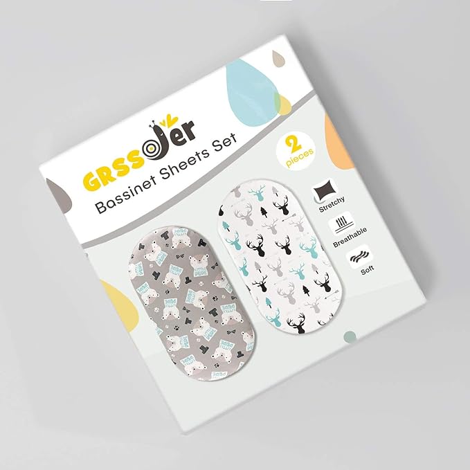 Stretchy Ultra Soft Fitted Bassinet Sheet Set 2 Pack, Breathable and Universal Fitted for Rectangle, Oval, Hourglass or Beside Bassinet Pad/Mattress Safe and Snug