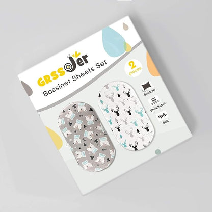 Stretchy Ultra Soft Fitted Bassinet Sheet Set 2 Pack, Breathable and Universal Fitted for Rectangle, Oval, Hourglass or Beside Bassinet Pad/Mattress Safe and Snug