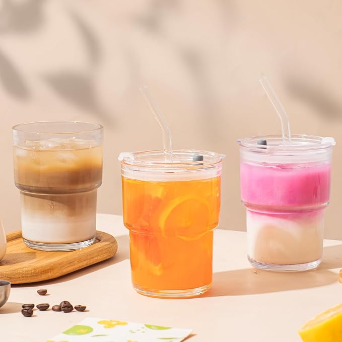 13oz Glass Tumbler with Lid and Glass Straw Set of 4 – Thick-Walled Iced Coffee - Image 9