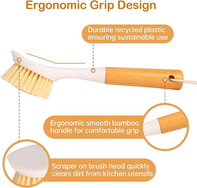 3 Pack Dish Brush Set with Bamboo Handle, Dish Scrubber Built-in Scraper - Image 4