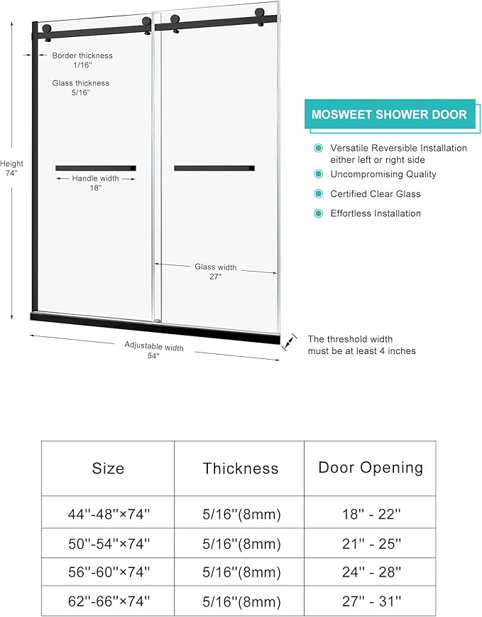 Milano Framed Shower Door, 50-54 in.W x 74 in.H Double Sliding Shower Door - Image 3
