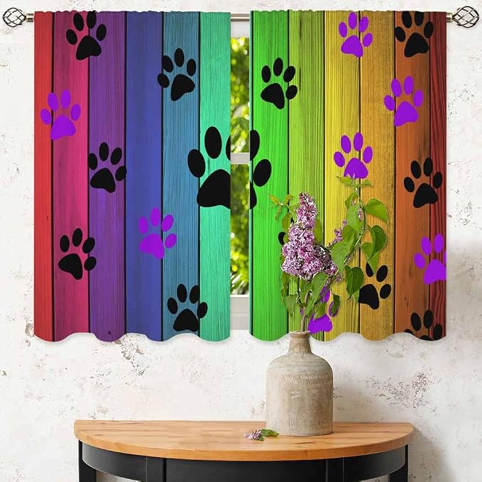 Dog Paws Kitchen Curtains Cute Puppy Paws Colorful Wood Board Short Tier - Image 6