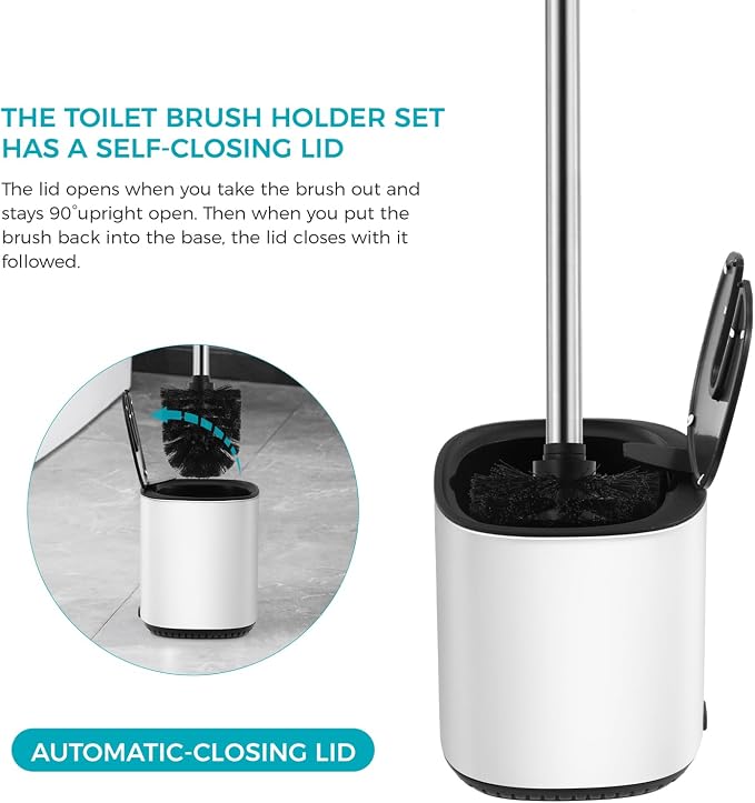 Toilet Brush and Holder Set Toilet Bowl Brush Stainless Steel Automatic Open - Image 2