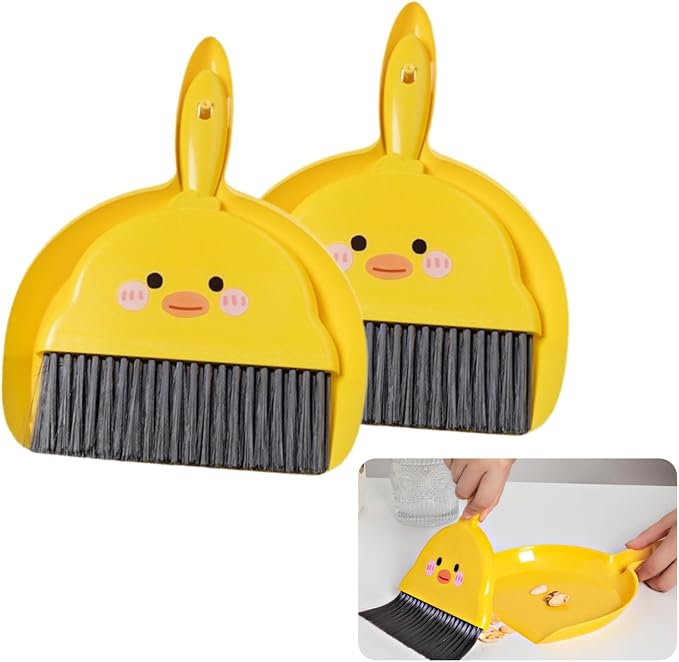 2 PCS Mini Brush and Dustpan Set Plastic Small Yellow Chick Pattern Broom Used by Miewenmogu