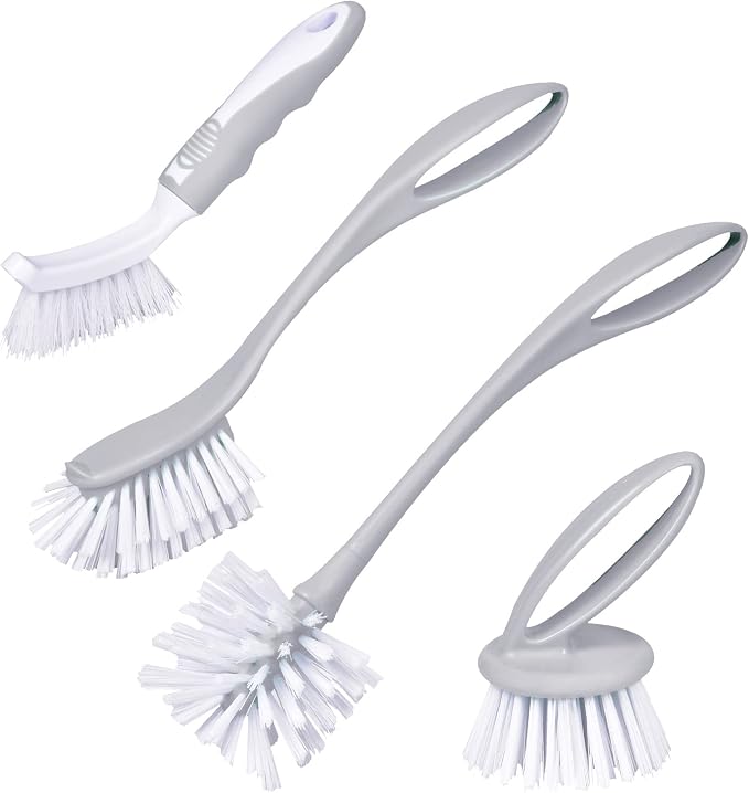 Dish & Bottle Brush Set, 4-Piece Kitchen Cleaning Brushes, Plastic Handles by Perastra
