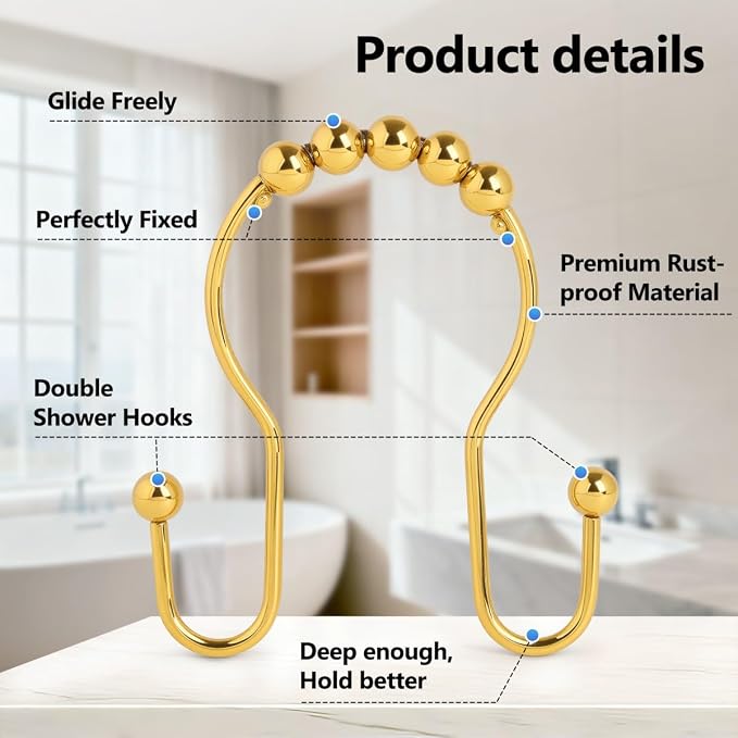 Double Shower Curtain Hooks, Sturdy Metal Nickel Shower Curtain Rings, Glide - Image 3