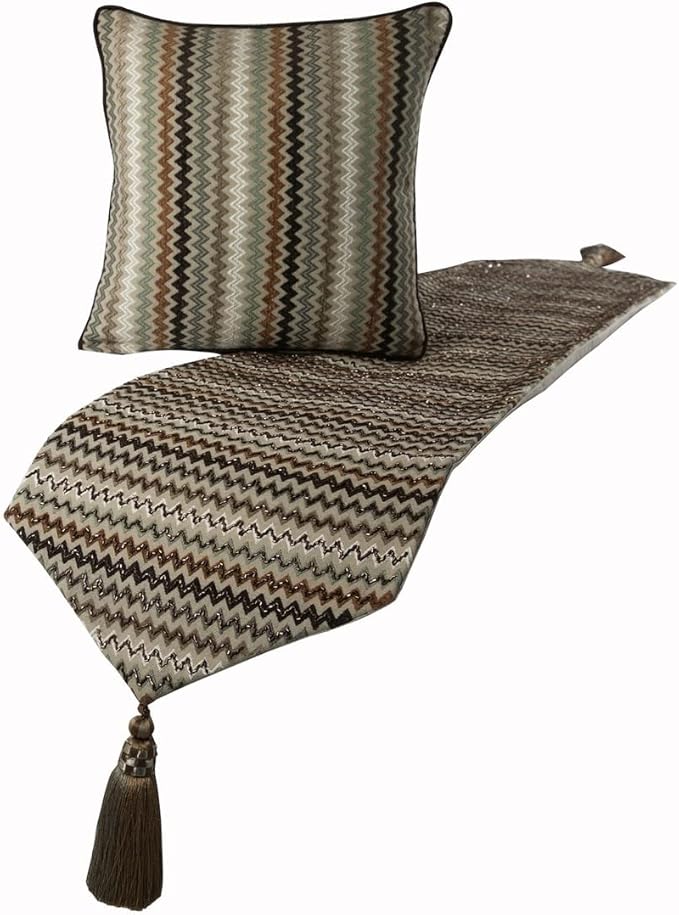 The HomeCentric Decorative Designer Handmade Bed Runner with 2 Decorative Throw Pillow Cover, 68 x 18 Inch Velvet Designer Full Size Bed Scarf with Tassle & Bead Embroidered Bed Linen - Chevron Fun