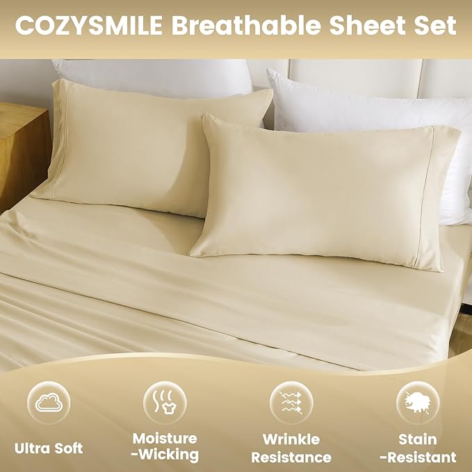 Breathable Cooling Full Sheet Set - Hotel Luxury 4 Piece Deep Pocket Sheets for Full Size Bed, Fits 16" Mattress, Easy Care Wrinkle Free Bedding Sheet and Pillowcase Set, Beige