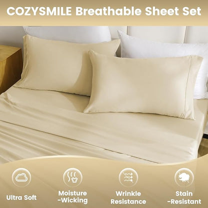 Breathable Cooling Full Sheet Set - Hotel Luxury 4 Piece Deep Pocket Sheets for Full Size Bed, Fits 16" Mattress, Easy Care Wrinkle Free Bedding Sheet and Pillowcase Set, Beige