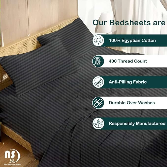 NON Sticky cotton Queen Size Sleeper Sofa Sheets, 4 Piece Egyptian Cotton Bed Sheet Set for Sofa Bed, 8" Deep Pocket for Pull Out Couch Mattress, 60" x 75", Dark Grey Stripe, Soft & Breathable