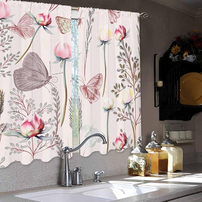 Pink Floral Kitchen Curtains Pretty Elegant Peony Rose Lovely Butterfly Short - Image 4