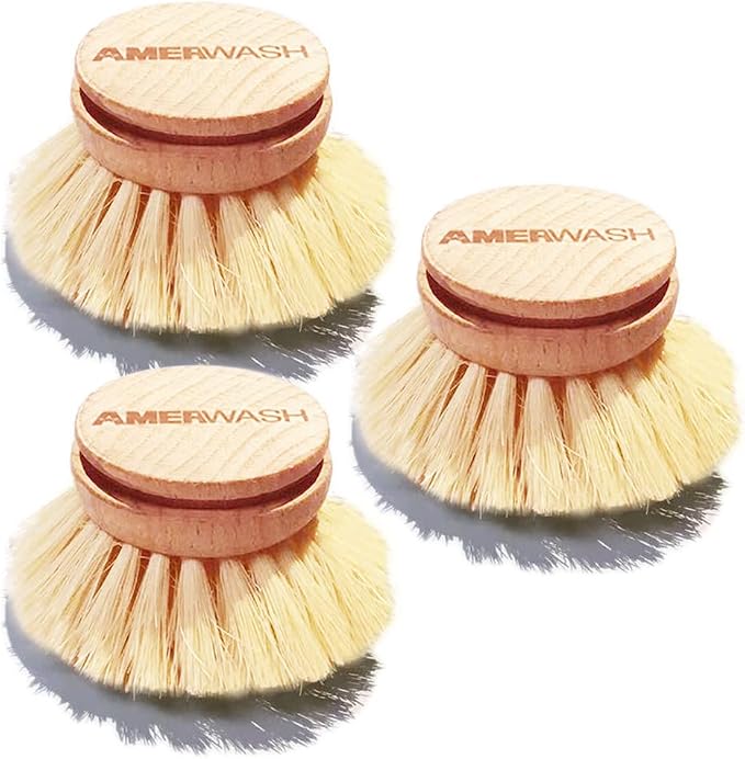 Classic Dish Brush Replacement Head 3 Packs, Natural Bristle Tampico Fiber by AMERWASHPLUS