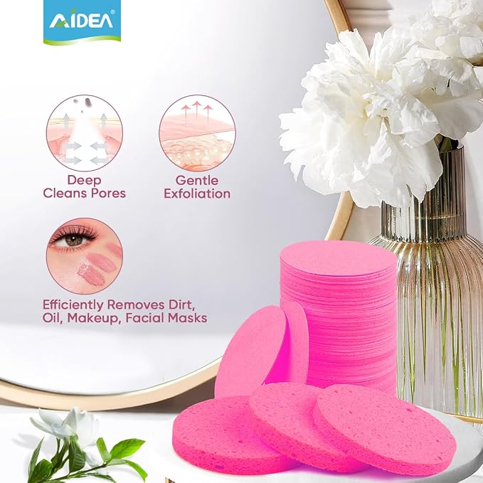 AIDEA 96Count Compressed Facial Sponges Pink, Round Face Sponges - Image 7