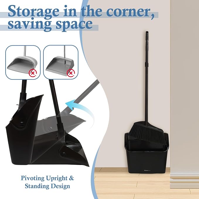 Broom and Dustpan Set with Long Handle and Wheels, Upright Standing Heavy Duty - Image 6