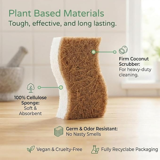 6 Pack Natural Kitchen Sponges, Compostable White Cellulose & Organic Coconut - Image 6