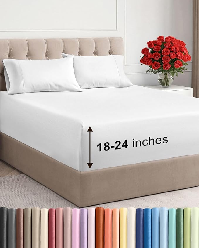 Extra Deep Pocket Full Sheets - 4 Piece Breathable & Cooling Bed Sheets - Hotel Luxury Bed Sheet Set - Soft, Wrinkle Free & Comfy - Easily Fits Extra Deep Mattresses - Deep Pocket White Sheets Set