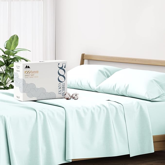Mayfair Linen 100% Cotton Bed Sheets Queen Set - 500 Thread Count Cotton Sheets for Queen Size Bed, 4 PC Set (Aqua Foam), Ultra Soft, Cooling, Sateen Weave 16" Deep Pocket Bedsheet for Hot Sleepers