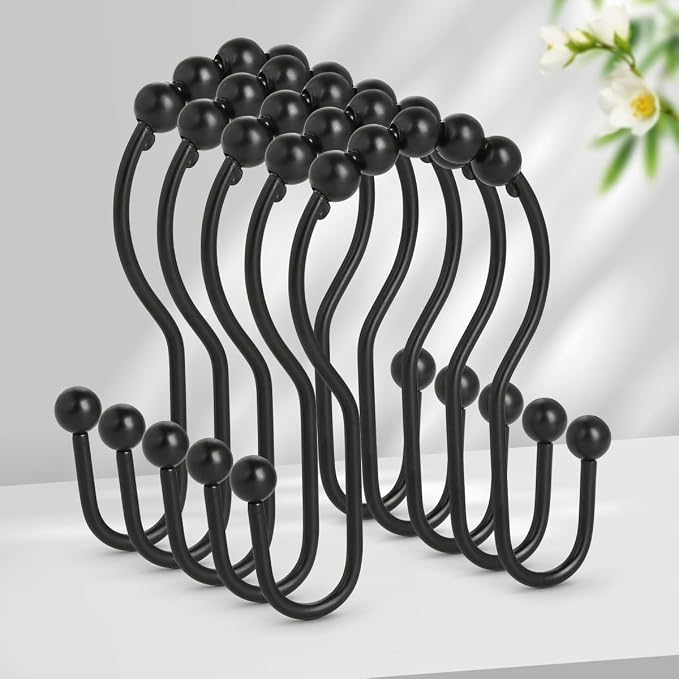 Shower Curtain Hooks, Sturdy Metal Black Shower Curtain Rings, Glide Roller by Resze
