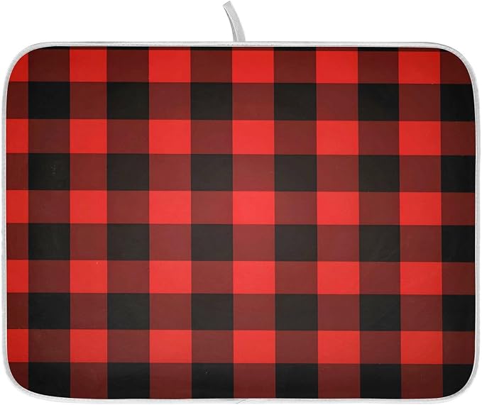 Christmas Red Black Buffalo Plaid Dish Drying Mat by ALAZA