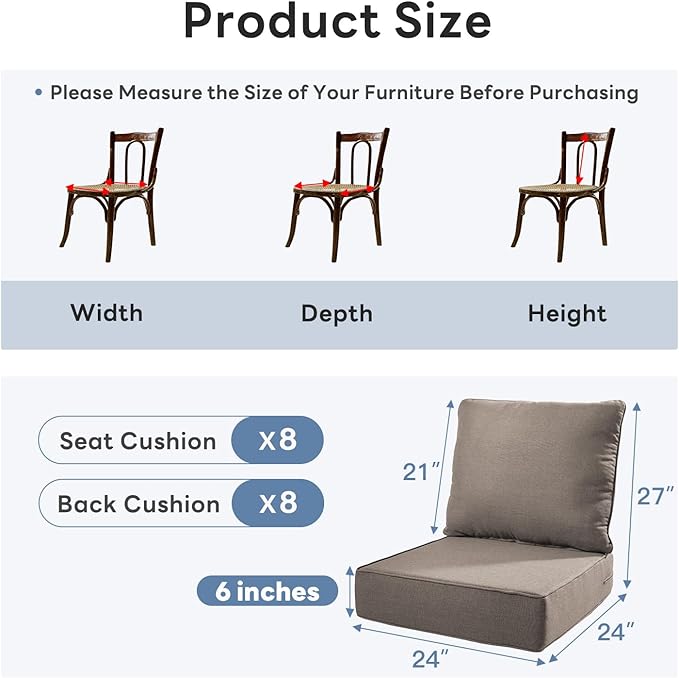 6" Thicker Outdoor Chair Cushion 8 Sets - 24" *24" *6" Waterproof Patio Furniture Cushions with Removable Cover, 28D High Density Sponge Filling Thicken Outdoor Patio Cushions - Grey