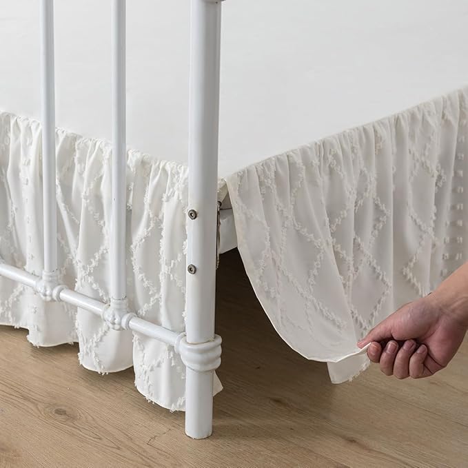 Bed Skirt Queen Size Ruffled Bed Skirt with Split Corners, 14 Inch Drop Dust Ruffle Bed Skirts with Platform, Boho Tufted Shabby Chic Queen Size Bed Skirts, Ivory