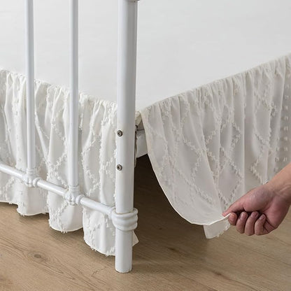 Bed Skirt Queen Size Ruffled Bed Skirt with Split Corners, 14 Inch Drop Dust Ruffle Bed Skirts with Platform, Boho Tufted Shabby Chic Queen Size Bed Skirts, Ivory