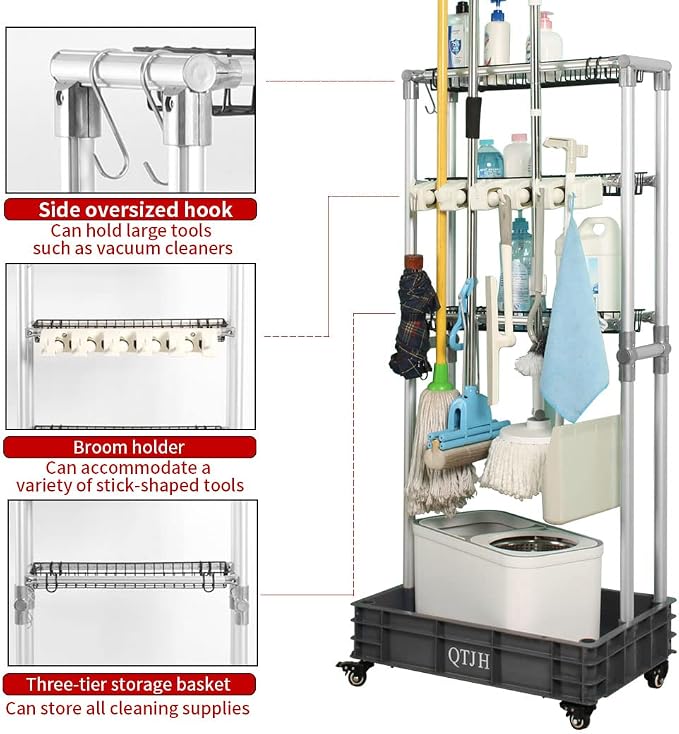 Storage Shelf Broom mop Holder Hold Your Cleaning Supplies Janitorial cart - Image 4