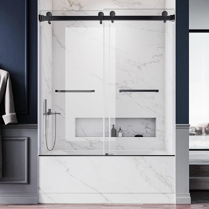 Frameless Double Sliding Shower Door 56-60'' W x 62'' H, Matte Black Stainless by Glazenclos
