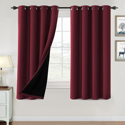 H.VERSAILTEX 100% Blackout Curtains for Bedroom Thermal Insulated Blackout Curtains 63 inch Length Heat and Full Light Blocking Curtains for Living Room with Black Liner 2 Panels Set, Burgundy