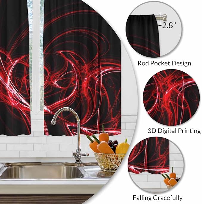 Red Circle Kitchen Curtains Abstract Red Circles Lines Black Mystical Short - Image 3
