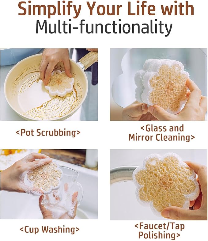 Flower-Shaped Wood Pulp Sponge Scrubber, sponges Kitchen– Dual-Sided Natural - Image 7