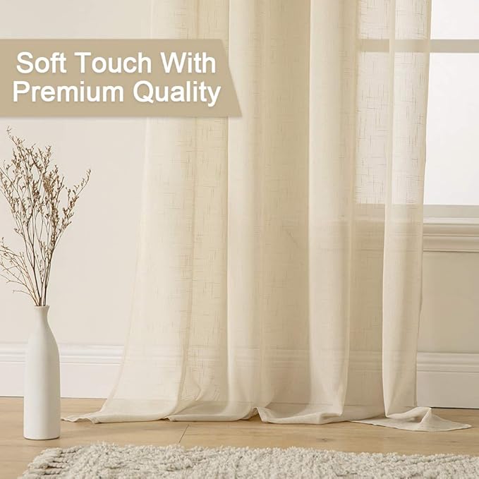 MIULEE 2 Panel 90 Inch Natural Light Beige Linen Semi-Sheer Window Curtains - Elegant Solid Drapes with Grommet Top - Voile Panels Textured for Bedroom or Living Room (52" W X 90" L)