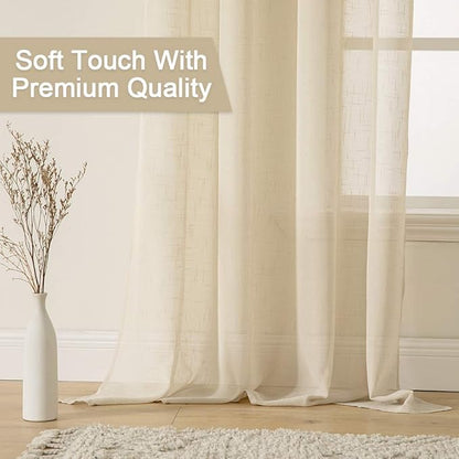 MIULEE 2 Panel 90 Inch Natural Light Beige Linen Semi-Sheer Window Curtains - Elegant Solid Drapes with Grommet Top - Voile Panels Textured for Bedroom or Living Room (52" W X 90" L)