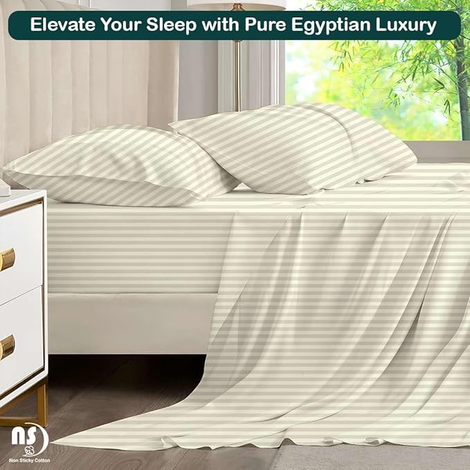 NON Sticky cotton Full Size Sleeper Sofa Sheets, 4 Piece Egyptian Cotton Bed Sheet Set for Sofa Bed, 6" Deep Pocket Fitted Sheet for Pull Out Couch Mattress, 54" x 75", Ivory Stripe, Soft & Breathable