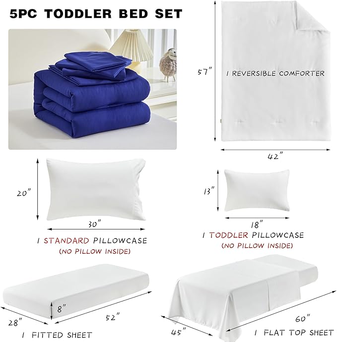 Toddler Bedding Set - 5 Piece Soft and Breathable Toddler Bed Set for Boys and Girls, Includes Quilted Comforter, Fitted Sheet, Flat Top Sheet, Standard Pillowcase and Toddler Pillowcase, Pink