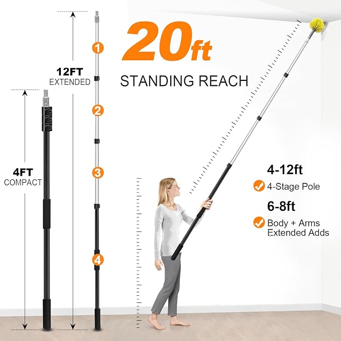 4-12ft Cobweb Duster with Extension Pole, 20 Foot High Reach Feather Dusters - Image 3
