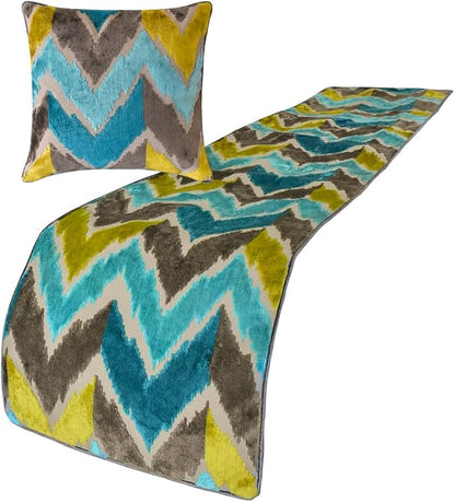 The HomeCentric King/Queen/Twin Blue Decorative Twin 53"x18" Bed Runner with Two Pillow Cover, Velvet, Peacock Colors & Ombre Bed Scarf on Velvet Fabric - Plume Palatte