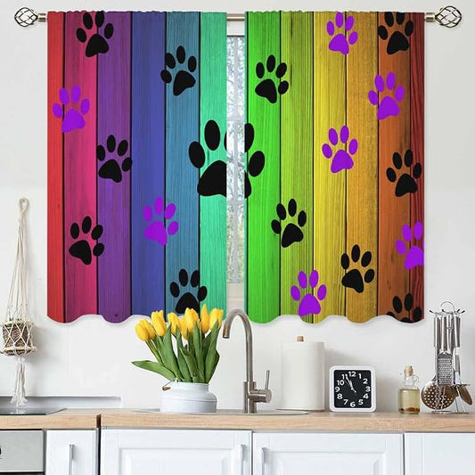 Dog Paws Kitchen Curtains Cute Puppy Paws Colorful Wood Board Short Tier by Unknown