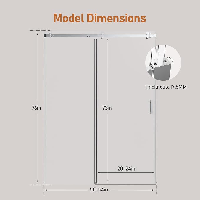 50-54 Inch Frameless Sliding Shower Door, 5/16" Clear Tempered Glass, Smooth - Image 2
