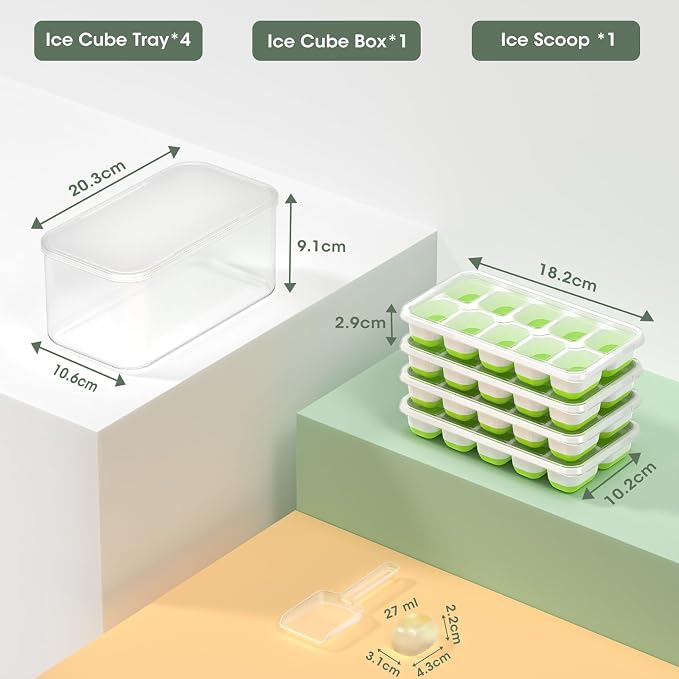 DOQAUS Ice Cube Tray with Lid and Bin, 4 Pack Silicone Plastic Ice Cubes Trays - Image 5